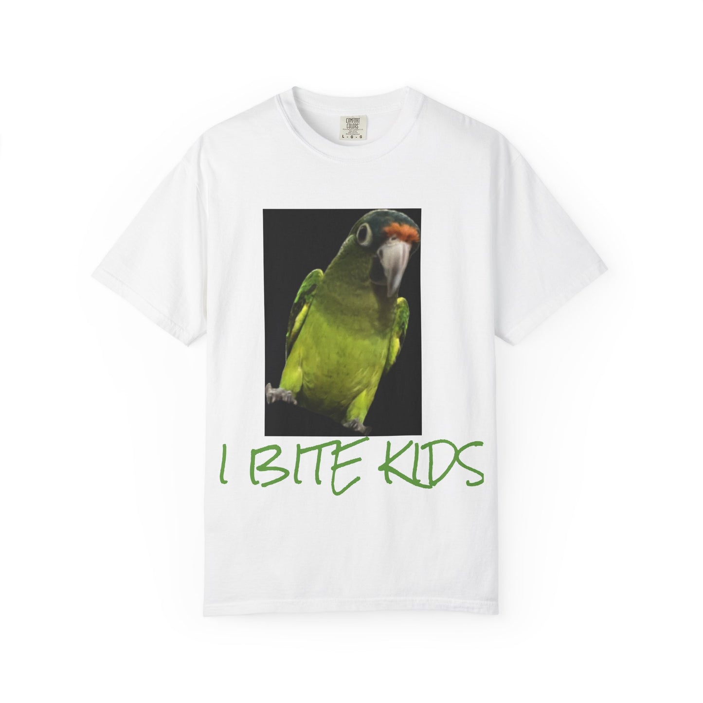 Meet Mogwi the Halfmoon conure, he enjoys foraging and BITING KIDS, T-Shirt, I Bite Kids Tee, Unisex Humor Shirt, Gift for Bird Lovers, Quirky Casual Top, Unique Birthday Present