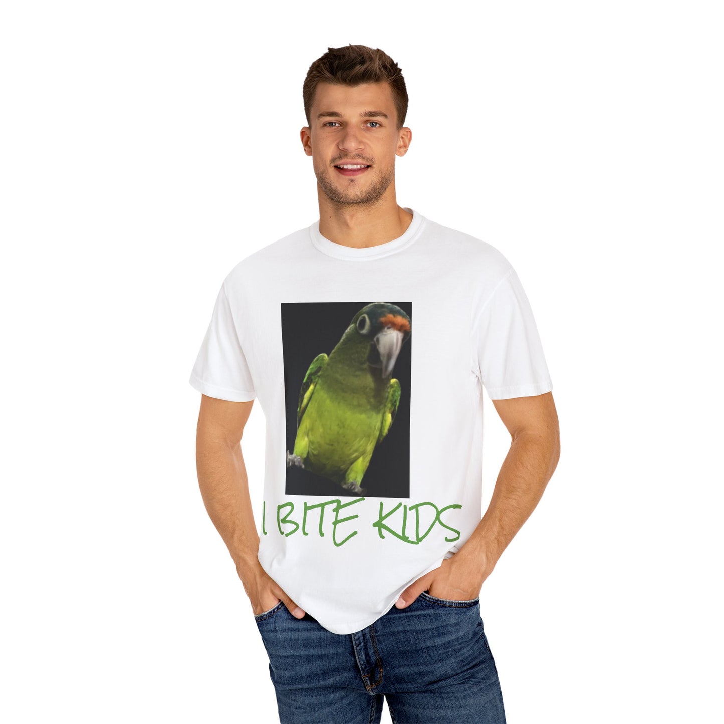Meet Mogwi the Halfmoon conure, he enjoys foraging and BITING KIDS, T-Shirt, I Bite Kids Tee, Unisex Humor Shirt, Gift for Bird Lovers, Quirky Casual Top, Unique Birthday Present