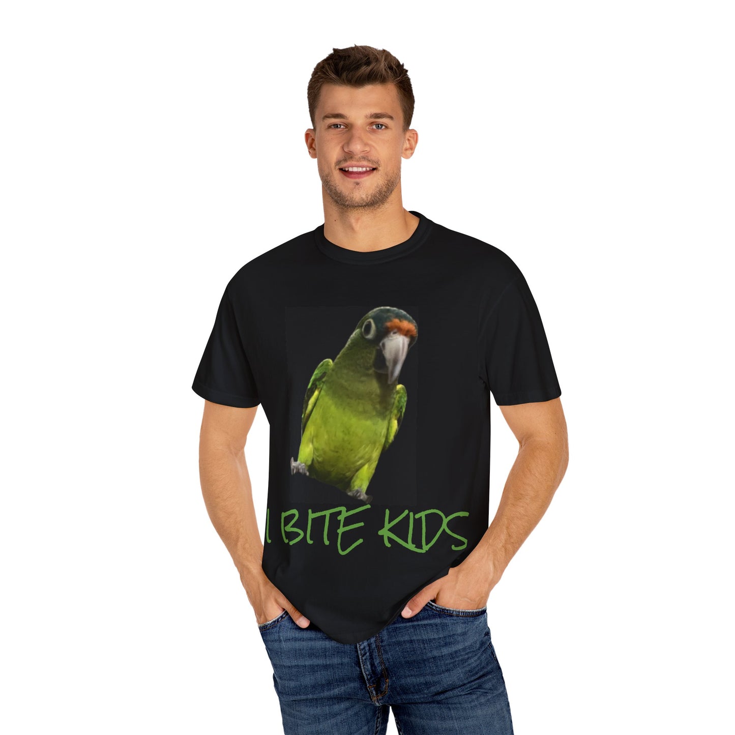 Meet Mogwi the Halfmoon conure, he enjoys foraging and BITING KIDS, T-Shirt, I Bite Kids Tee, Unisex Humor Shirt, Gift for Bird Lovers, Quirky Casual Top, Unique Birthday Present