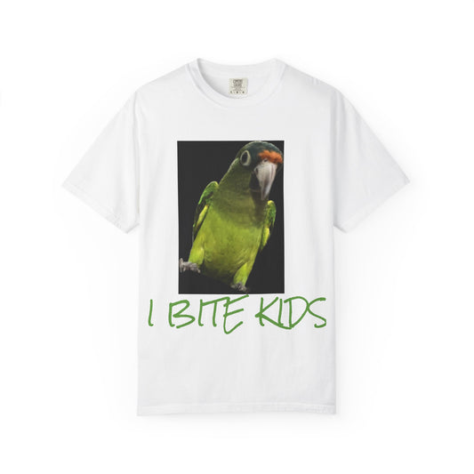 Meet Mogwi the Halfmoon conure, he enjoys foraging and BITING KIDS, T-Shirt, I Bite Kids Tee, Unisex Humor Shirt, Gift for Bird Lovers, Quirky Casual Top, Unique Birthday Present