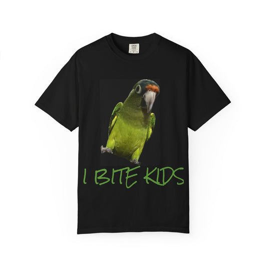 Meet Mogwi the Halfmoon conure, he enjoys foraging and BITING KIDS, T-Shirt, I Bite Kids Tee, Unisex Humor Shirt, Gift for Bird Lovers, Quirky Casual Top, Unique Birthday Present