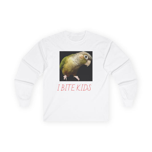 Funny Parrot Long Sleeve Tee - 'I Bite Kids' Humor for Animal Lovers