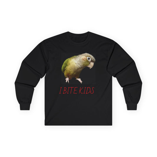 Funny Parrot Long Sleeve Tee - 'I Bite Kids' Humor for Animal Lovers